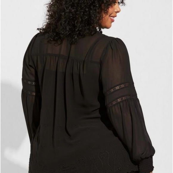 NWT Torrid Chiffon Ruffle Collar Eyelet Embroidered Black Blouse - Picture 7 of 15